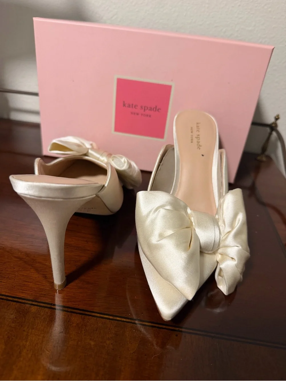kate spade Ivory White Satin Pointed Bow Slip-On Heels Bridal Wedding